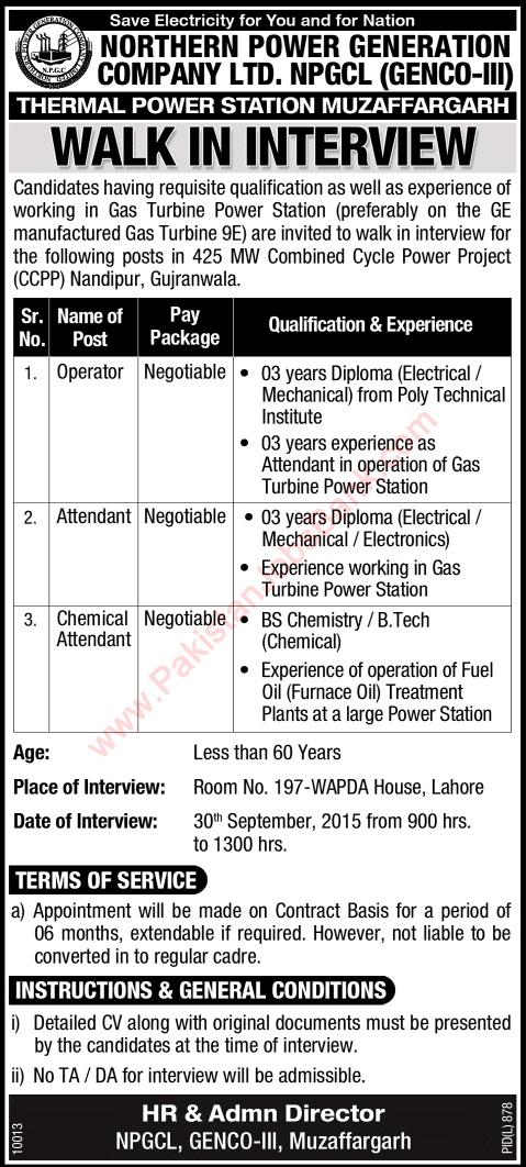 NPGCL Jobs 2015 September at Combined Cycle Power Project Nandipur Gujranwala WAPDA Latest