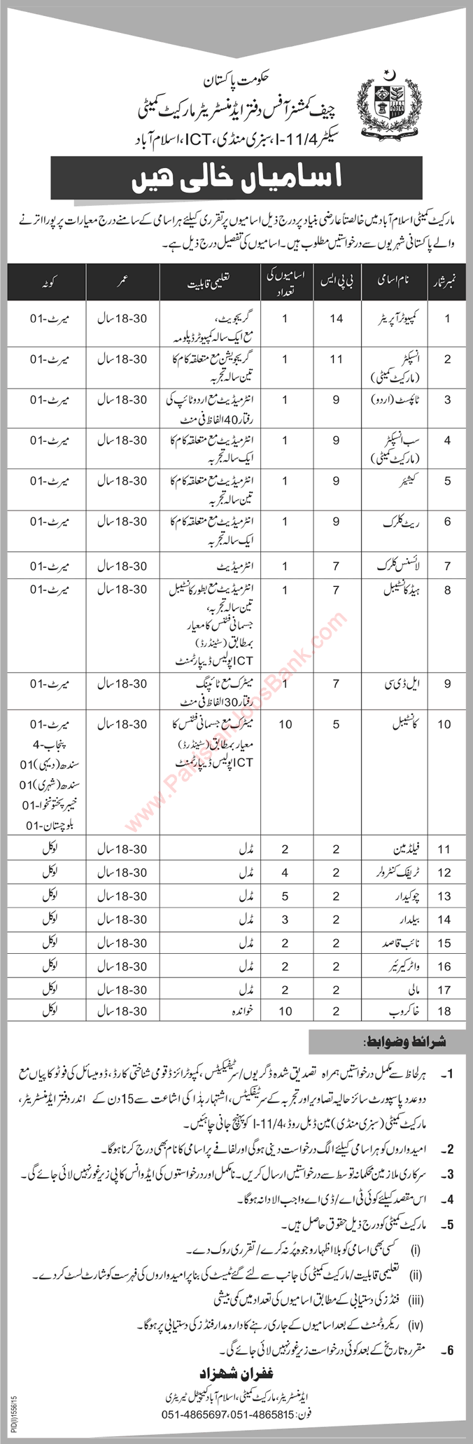 Market Committee Islamabad Jobs 2015 September Constable, Clerks, Typist, Computer Operator & Others
