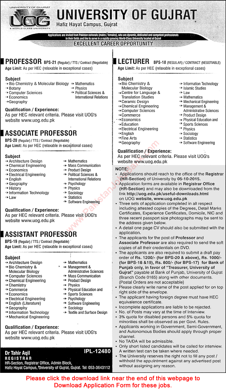 University of Gujrat Jobs September 2015 Application Form for Teaching Faculty at Hafiz Hayat Campus