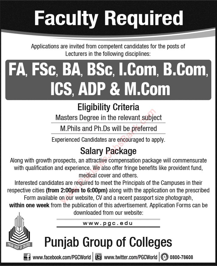 Punjab Group of Colleges Jobs 2015 September / October Application Form Teaching Faculty Latest