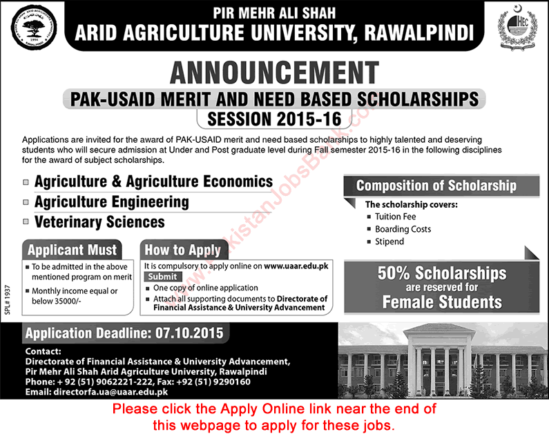 Arid Agriculture University Rawalpindi Pak-USAID Scholarships 2015-16 Online Application Form Latest