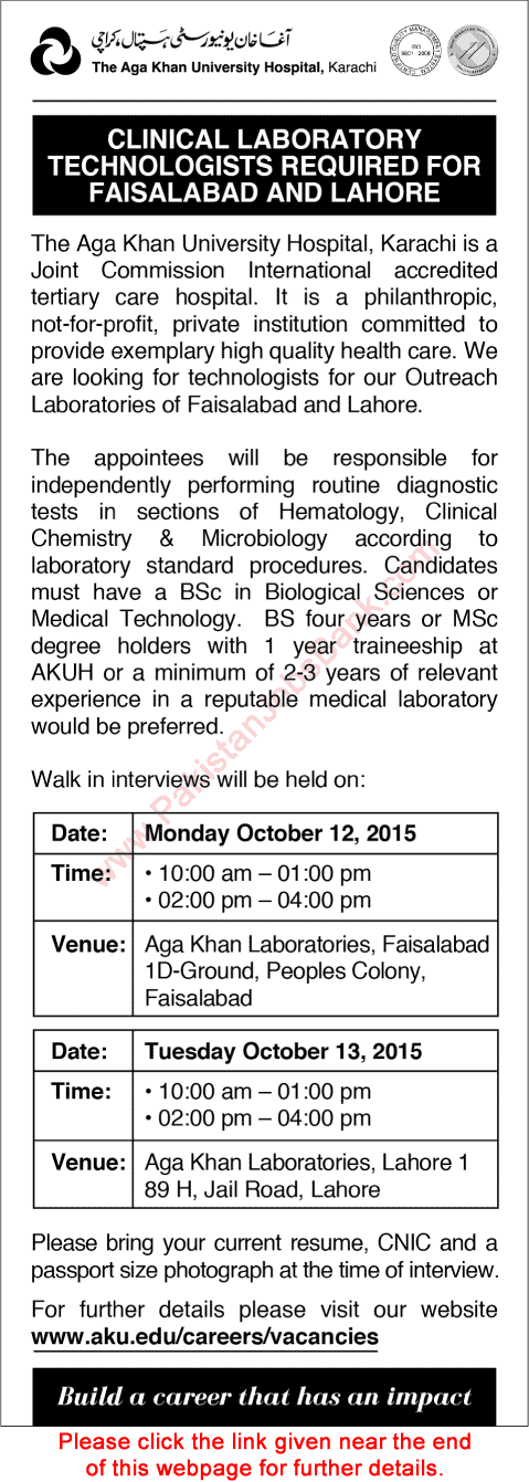 Aga Khan Laboratories Lahore / Faisalabad Jobs 2015 October Clinical Laboratory Technologists