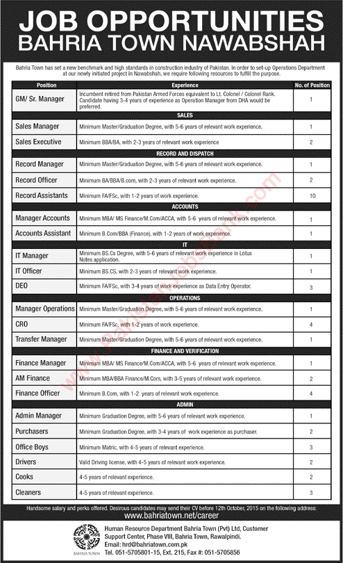 Bahria Town Nawabshah Jobs 2015 October for Administrative Staff Latest
