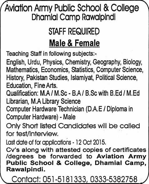 Aviation Army Public School & College Rawalpindi Jobs 2015 October Teaching Faculty & Admin Staff