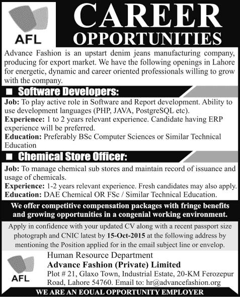 Advance Fashion Pvt. Ltd Lahore Jobs 2015 October Software Developers & Chemical Store Officer