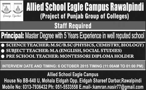 Allied School Rawalpindi Jobs 2015 October Principal and Teaching Faculty at Eagle Campus Latest