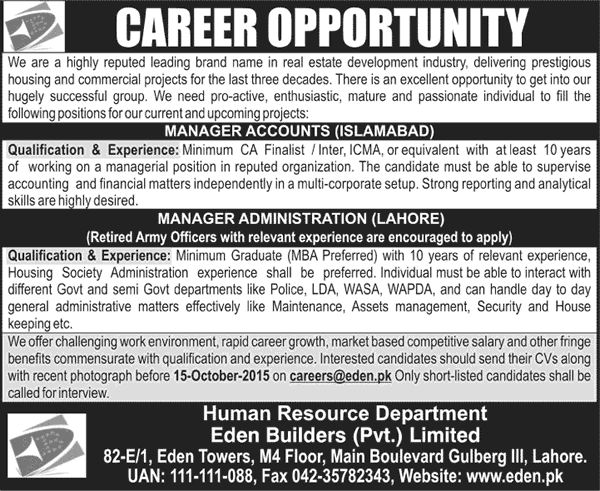 Eden Builders Lahore / Islamabad Jobs 2015 October Accounts & Administration Manager Latest