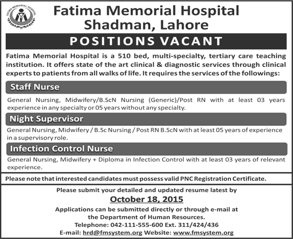 Fatima Memorial Hospital Lahore Jobs 2015 October Nurses & Night Supervisor