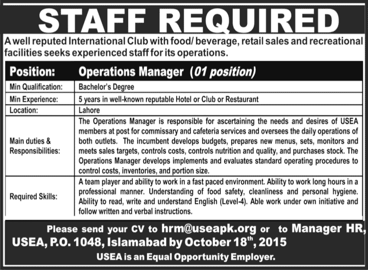 United States Employees Association Islamabad Jobs 2015 October Operations Manager at USEA