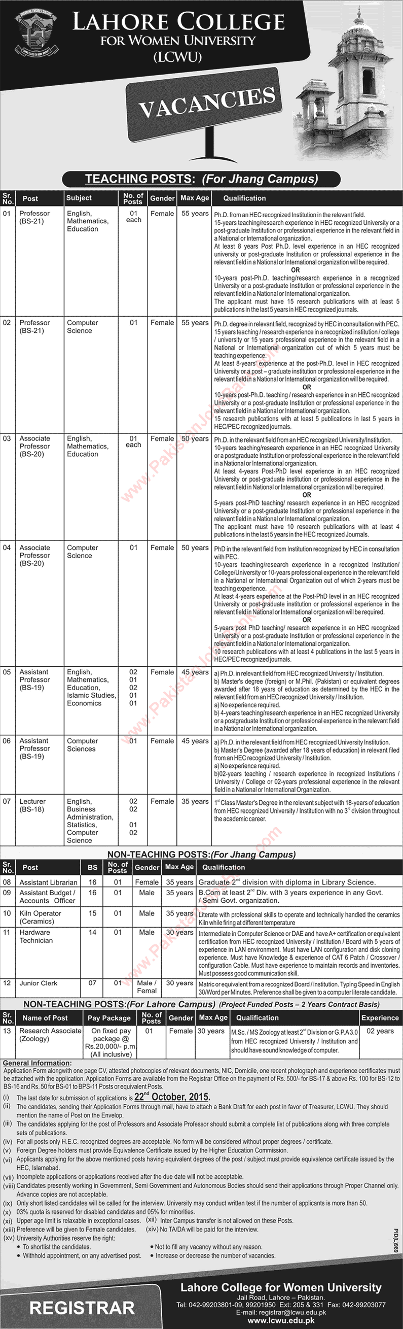 Lahore College for Women University Jobs 2015 October Jhang Campus Teaching Faculty & Admin Staff