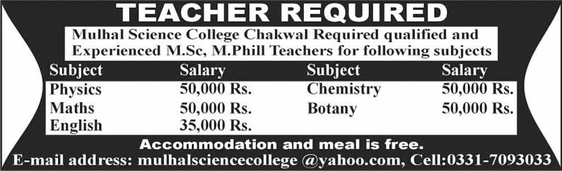 Teaching Jobs in Mulhal Science College Chakwal 2015 October Latest