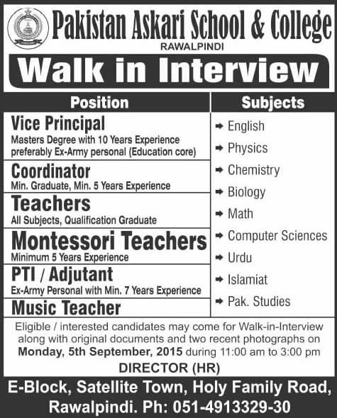 Pakistan Askari School & College Rawalpindi Jobs 2015 October Teaching Faculty & Admin Staff