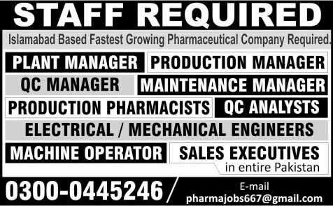 Pharmaceutical Jobs in Islamabad 2015 October Pharmacists, Managers, Engineers & Sales Executives