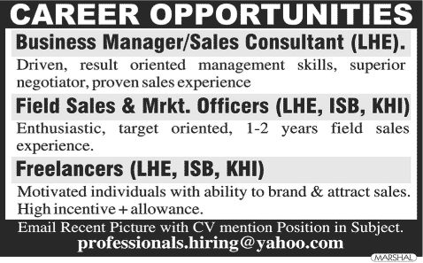 Sales and Marketing Jobs in Pakistan 2015 October Business Manager, Field Officers & Freelancers