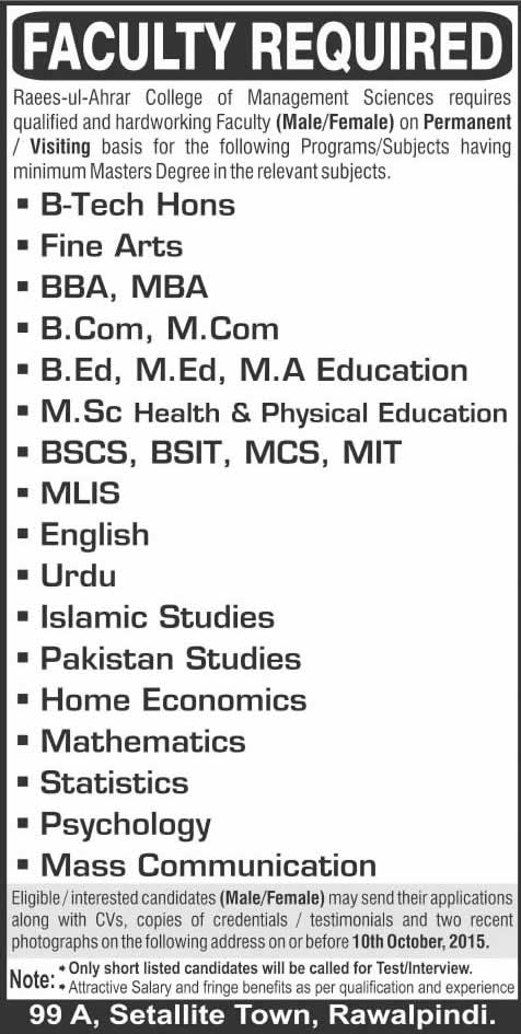 Raees-ul-Ahrar College of Management Sciences Rawalpindi 2015 October for Teaching Faculty Latest