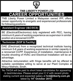 TNB Liberty Power Plant Ghotki Sindh Jobs 2015 October Electrical & Electronics Engineers