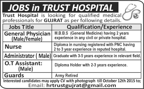 Trust Hospital Gujrat Jobs 2015 October Physician, Nurse, Administrator, OT Assistant & Guards