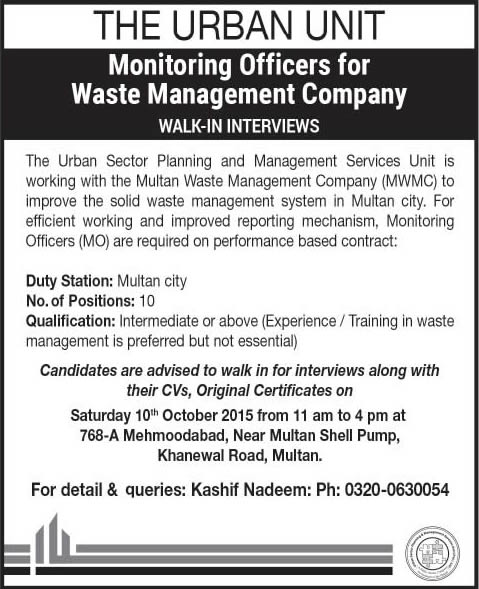 Monitoring Officer Jobs in Multan Waste Management Company 2015 October Urban Unit Punjab Interviews