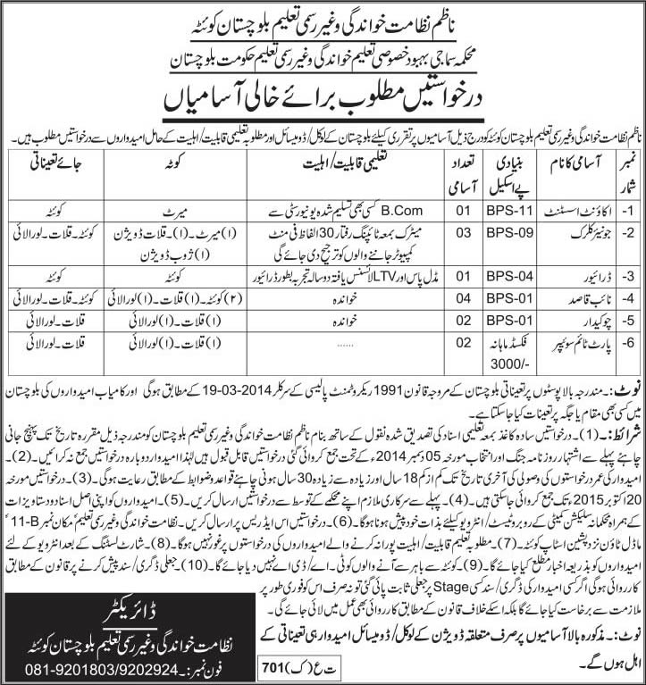 Literacy and Non Formal Education Department Balochistan Jobs 2015 October Clerks, Naib Qasid & Others
