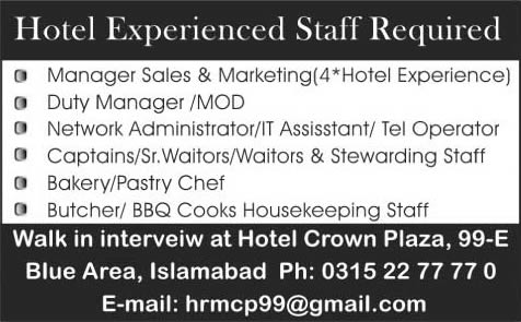 Hotel Crown Plaza Islamabad Jobs 2015 October Walk in Interviews Managers, Waiters, IT Assistant & Others
