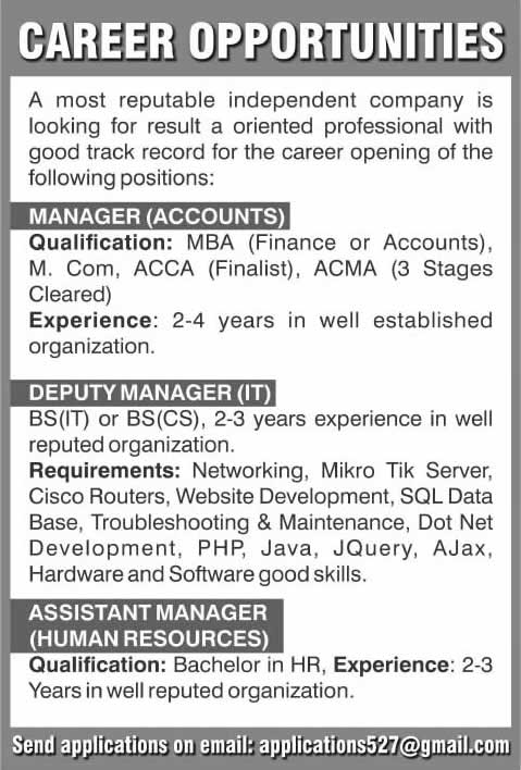 Accounts, IT & HR Manager Jobs in Islamabad 2015 October Latest