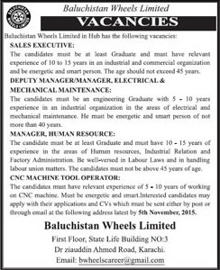 Baluchistan Wheels Limited Karachi Jobs 2015 October Sales Executives, Managers & CNC Machine Operator