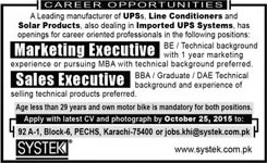 Sales & Marketing Executive Jobs in Karachi 2015 October Systek UPS