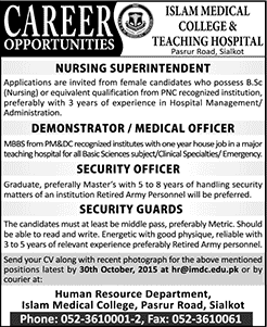 Islam Medical College & Teaching Hospital Sialkot Jobs 2015 October Medical Officers, Nursing Superintendent & Others