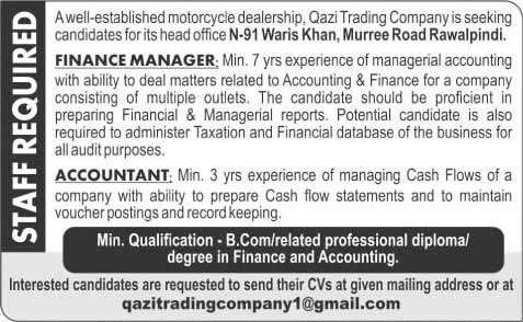 Finance Manager & Accountant Jobs in Rawalpindi 2015 October Qazi Trading Company