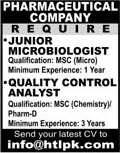 Microbiologist & Quality Control Analyst Jobs in Pakistan 2015 October Pharmaceutical Company