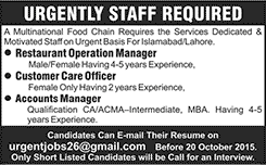 Restaurant Jobs in Islamabad / Lahore 2015 October Operation / Accounts Manager & Customer Care Officer