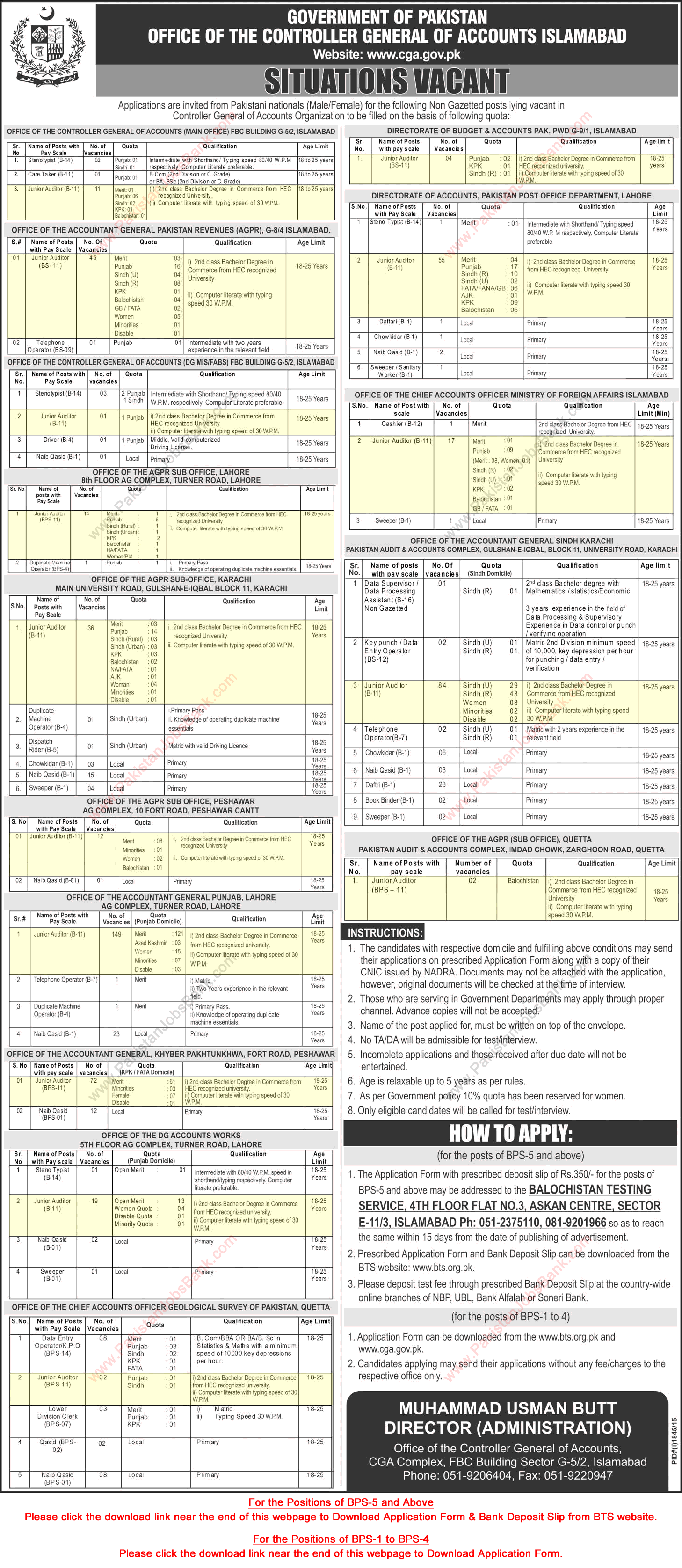 Junior Auditor Jobs in Controller General of Accounts Pakistan 2015 October BTS Application Form Download