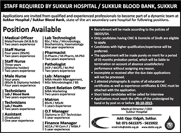 Sukkur Hospital & Blood Bank Jobs 2015 October Nurses, Medical Officers, Medical Technicians & Others