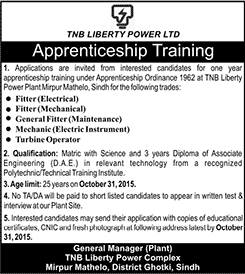 TNB Liberty Power Apprenticeships 2015 October Training in Fitters, Mechanics & Turbine Operators