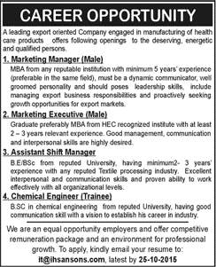 Ihsan Sons Lahore Jobs 2015 October Shift / Marketing Manager / Executive & Trainee Chemical Engineer