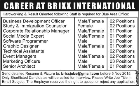 Brixx International Islamabad Jobs 2015 October Graphic Designer, Marketing Officers, Architects & Others