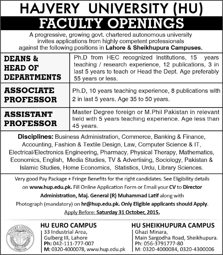 Hajvery University Jobs 2015 October Teaching Faculty at Lahore & Sheikhupura Campuses Latest