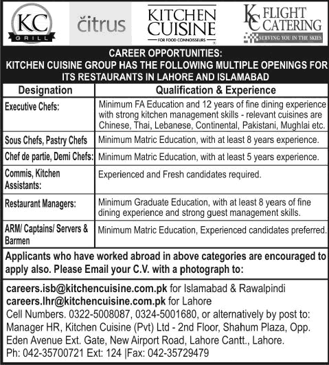 Kitchen Cuisine Lahore / Islamabad Jobs 2015 October Chefs, Cooks, Restaurant Managers, Servers & Others