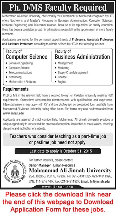 Muhammad Ali Jinnah University Karachi Jobs 2015 October MAJU Application Form Teaching Faculty