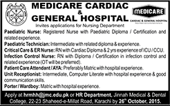 Medicare Cardiac and General Hospital Karachi Jobs 2015 October Nurses, Technician, Receptionist & Others