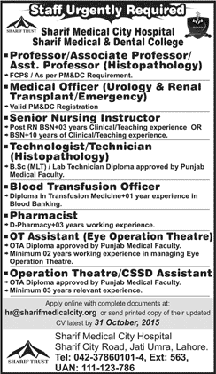 Sharif Medical and Dental College Lahore Jobs 2015 October Teaching Faculty, Medical Officers & Others