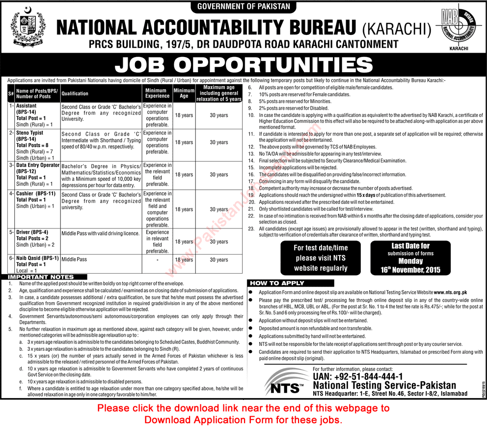 National Accountability Bureau Karachi Jobs 2015 November NTS Application Form Download NAB