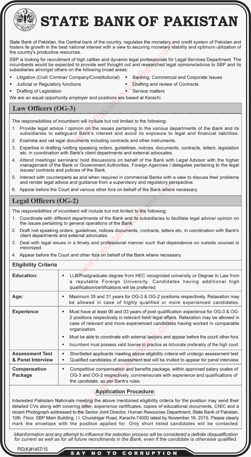 State Bank of Pakistan Jobs November 2015 Law Officers & Legal Officers Latest