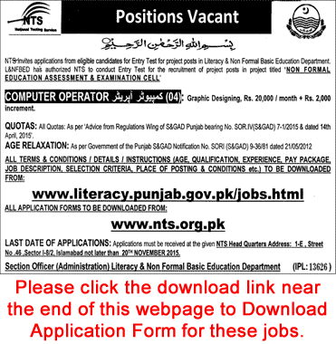 Computer Operator Jobs in Literacy & NFBE Department Punjab 2015 November NTS Application Form