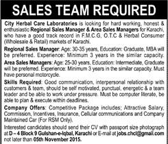 City Herbal Care Laboratories Jobs 2015 November Regional / Area Sale Managers Latest