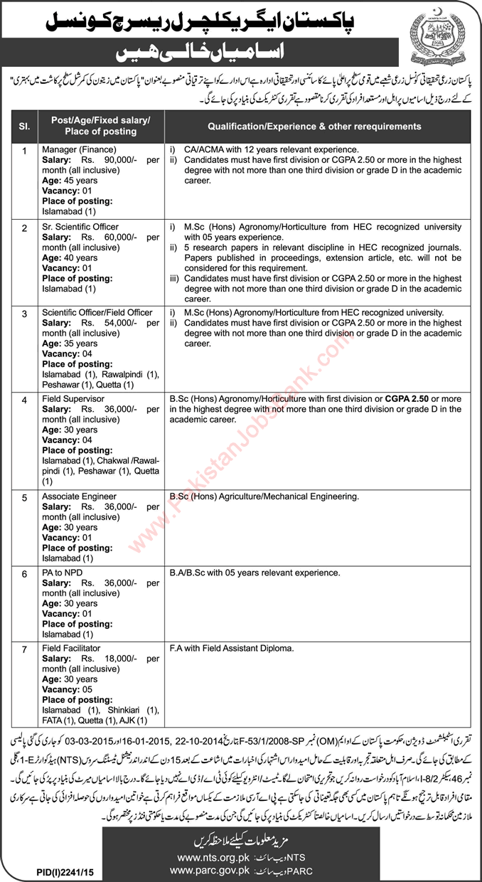 Pakistan Agriculture Research Council Jobs 2015 November PARC Scientific Officers, Field Supervisors & Others