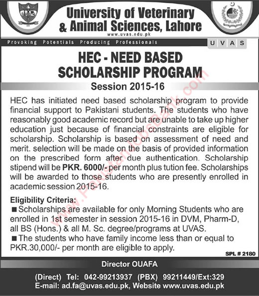 University of Veterinary & Animal Sciences Lahore HEC Need Based Scholarship Program 2015-16 UVAS