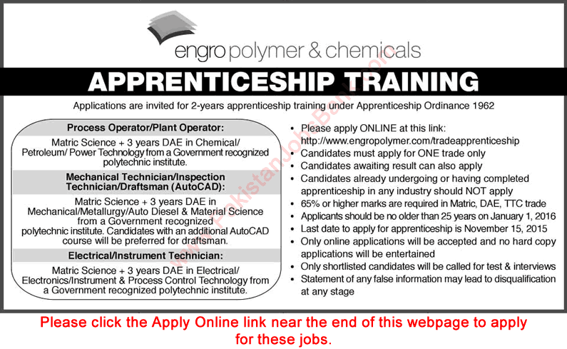 Engro Polymer & Chemicals Apprenticeship Training 2015 November Apply Online DAE Engineers Latest
