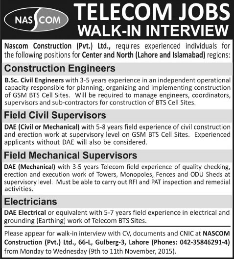 Nascom Construction Pvt. Ltd Lahore Jobs 2015 November Civil, Mechanical & Electrical Engineers