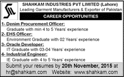 Shahkam Industries Lahore Jobs 2015 November Procurement Officer, Oracle Developer & Others